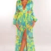 Lime Blue Print O-Ring Cut Out Long Sleeve Double Slit Maxi Dress