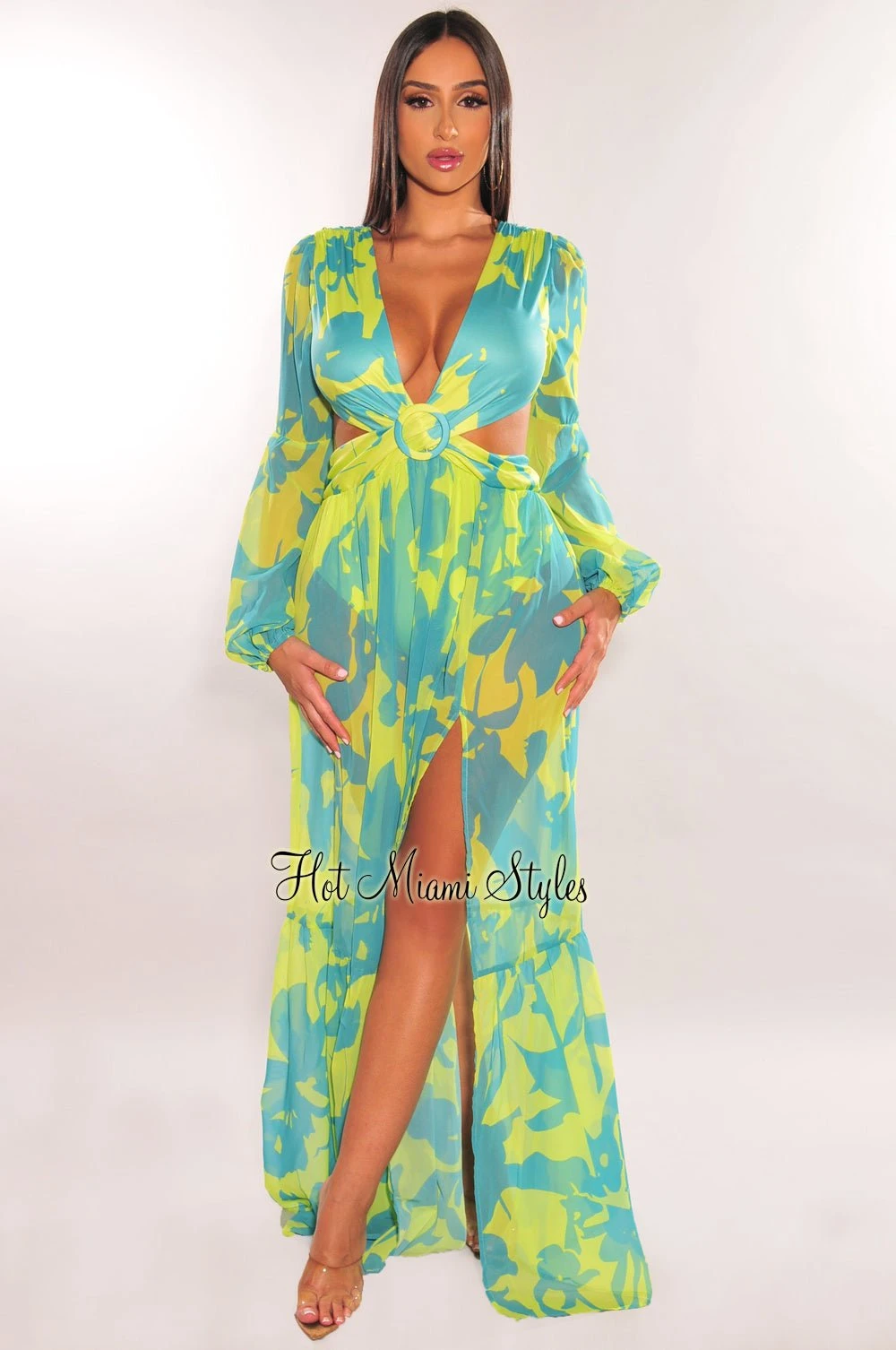 Lime Blue Print O-Ring Cut Out Long Sleeve Double Slit Maxi Dress 1 Lime Blue Print O-Ring Cut Out Long Sleeve Double Slit Maxi Dress
