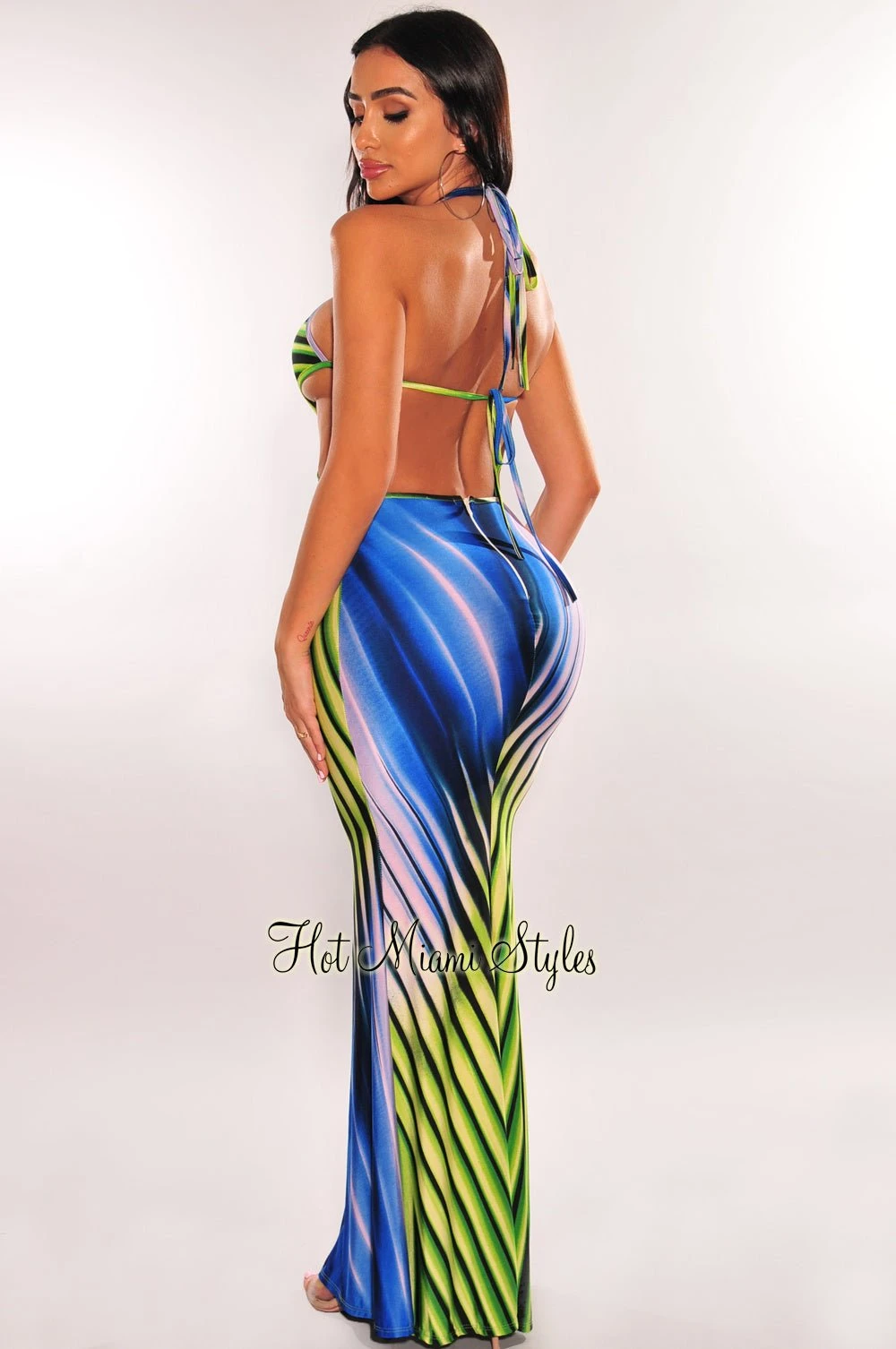 Lime Green Blue Print Halter Cut Out Tie Up Back Maxi Dress 2 Lime Green Blue Print Halter Cut Out Tie Up Back Maxi Dress - Image 2
