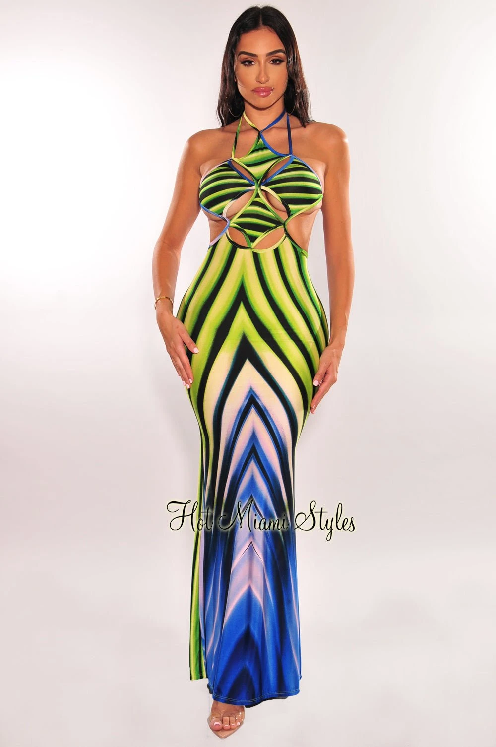 Lime Green Blue Print Halter Cut Out Tie Up Back Maxi Dress 1 Lime Green Blue Print Halter Cut Out Tie Up Back Maxi Dress