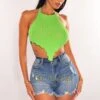 Lime Green Ribbed Knit Halter Asymmetrical Hem Crop Top