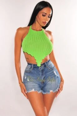 Lime Green Ribbed Knit Halter Asymmetrical Hem Crop Top