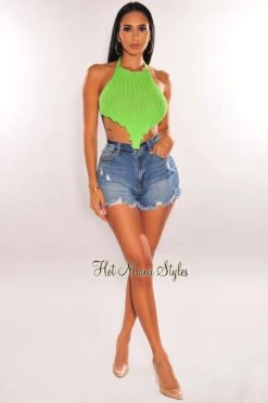 Lime Green Ribbed Knit Halter Asymmetrical Hem Crop Top -Miamis Style Shop lime green ribbed knit halter asymmetrical hem crop top hot miami styles 613741