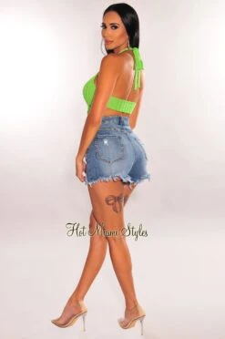 Lime Green Ribbed Knit Halter Asymmetrical Hem Crop Top -Miamis Style Shop lime green ribbed knit halter asymmetrical hem crop top hot miami styles 706272