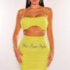 Lime Mesh Padded Spaghetti Strap Ruched Cut Out Wrap Around Rhinestone Dress