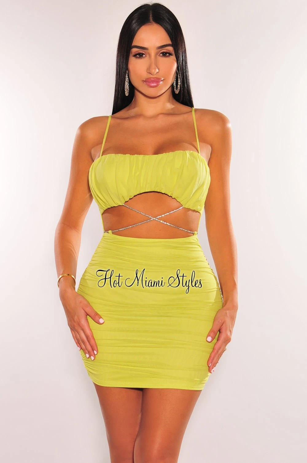 Lime Mesh Padded Spaghetti Strap Ruched Cut Out Wrap Around Rhinestone Dress 1 Lime Mesh Padded Spaghetti Strap Ruched Cut Out Wrap Around Rhinestone Dress