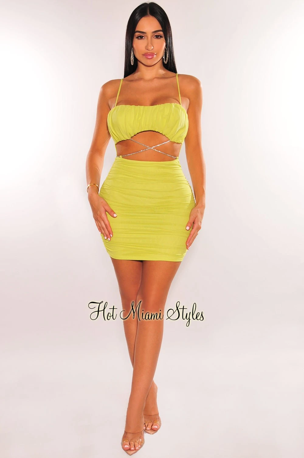 Lime Mesh Padded Spaghetti Strap Ruched Cut Out Wrap Around Rhinestone Dress 3 Lime Mesh Padded Spaghetti Strap Ruched Cut Out Wrap Around Rhinestone Dress - Image 3