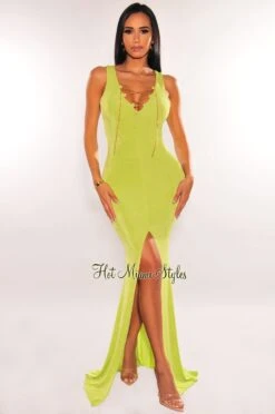 Lime Ribbed Sleeveless Gold Chain Lace Up Slit Gown