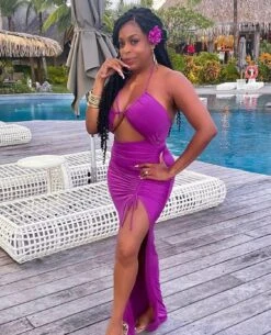 Magenta Halter Cut Out Ruched Slit Maxi Dress -Miamis Style Shop magenta halter cut out ruched slit maxi dress hot miami styles 343888