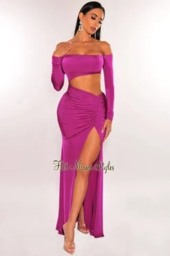 Magenta Off Shoulder Cut Out Ruched Slit Long Sleeve Maxi Dress