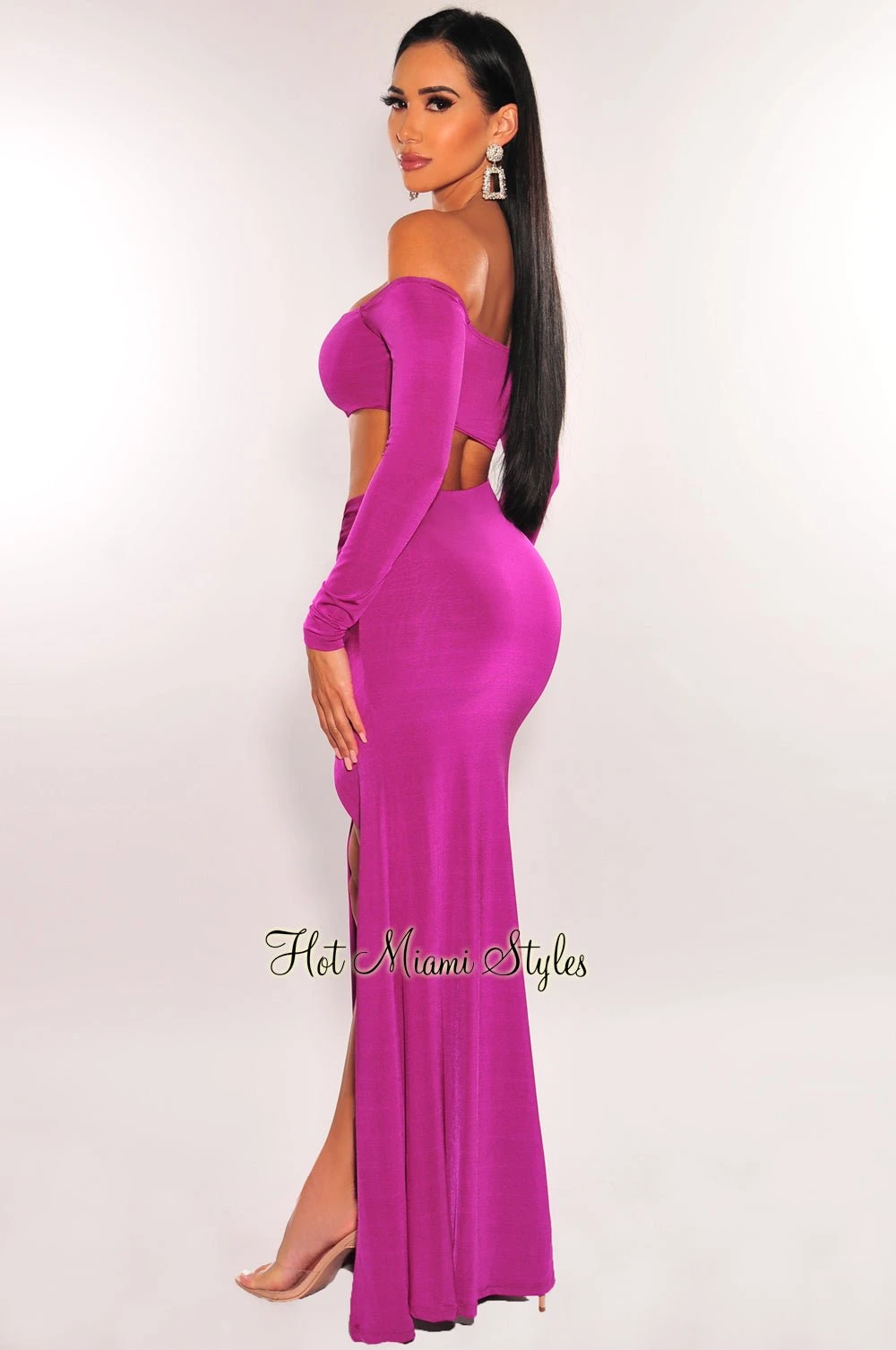 Magenta Off Shoulder Cut Out Ruched Slit Long Sleeve Maxi Dress 2 Magenta Off Shoulder Cut Out Ruched Slit Long Sleeve Maxi Dress - Image 2