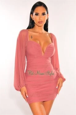 Mauve Mesh V Wire Long Sleeve Ruched Dress