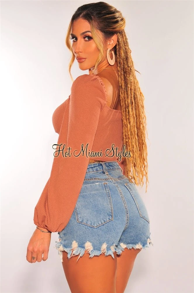 Mauve Ribbed Knit Padded Ruched Long Sleeve Crop Top 2 Mauve Ribbed Knit Padded Ruched Long Sleeve Crop Top - Image 2