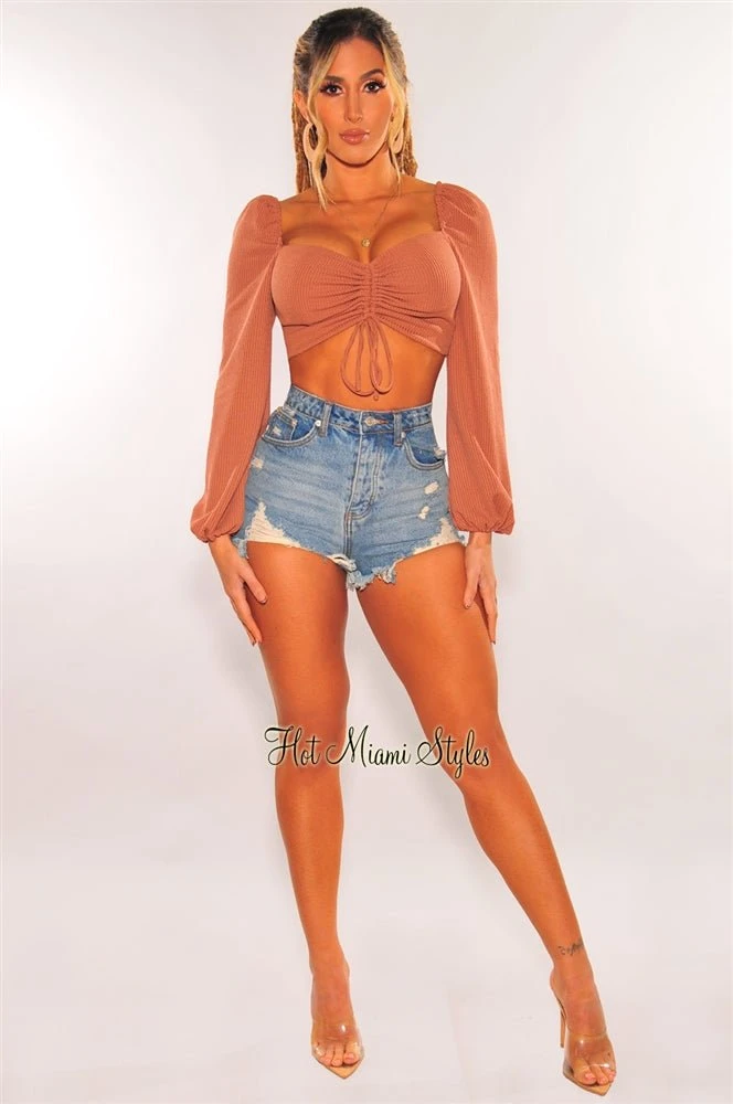 Mauve Ribbed Knit Padded Ruched Long Sleeve Crop Top 3 Mauve Ribbed Knit Padded Ruched Long Sleeve Crop Top - Image 3