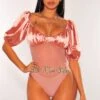 Mauve Satin Balloon Sleeves Mesh Bodysuit