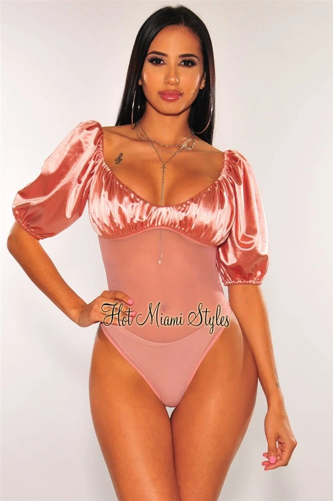 Mauve Satin Balloon Sleeves Mesh Bodysuit 1 Mauve Satin Balloon Sleeves Mesh Bodysuit