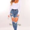 Medium Blue Denim Destroyed Frayed Hem Mom Jeans