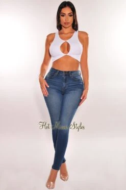 Medium Dark Denim Wash High Waisted Stretchy Skinny Jeans