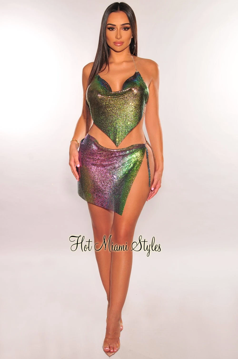 Mermaid Metallic Chainmail Halter V Hem Crop Top 3 Mermaid Metallic Chainmail Halter V Hem Crop Top - Image 3