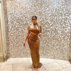 Metallic Bronze Latex Mock Neck One Sleeve Cut Out Train Gown -Miamis Style Shop metallic bronze latex mock neck one sleeve cut out train gown hot miami styles 612727