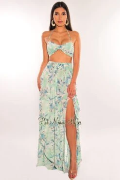 Mint Floral Print Halter Slit Layered Maxi Skirt Two Piece Set