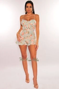 Mint Floral Print Padded Spaghetti Strap Tie Up Ruffle Romper 6 Mint Floral Print Padded Spaghetti Strap Tie Up Ruffle Romper -Miamis Style Shop mint floral print padded spaghetti strap tie up ruffle romper hot miami styles 117286