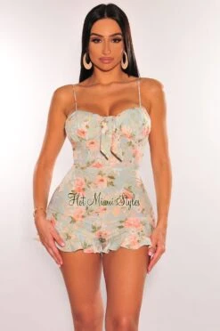 Mint Floral Print Padded Spaghetti Strap Tie Up Ruffle Romper