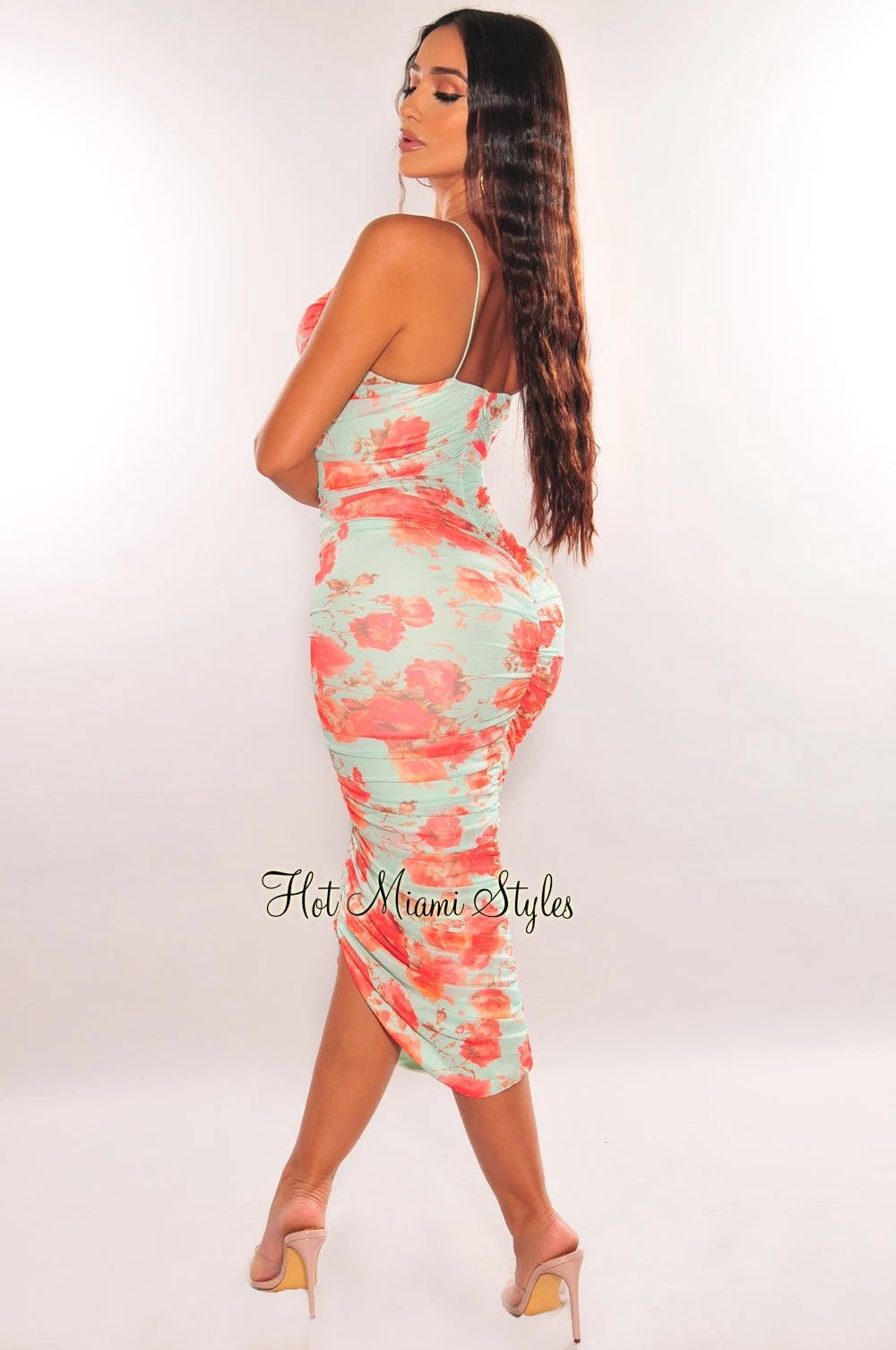 Mint Green Floral Elastic Straps Ruched Slit Midi Dress 2 Mint Green Floral Elastic Straps Ruched Slit Midi Dress - Image 2