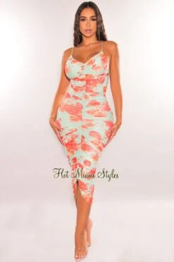 Mint Green Floral Elastic Straps Ruched Slit Midi Dress