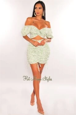 Mint Green Floral Print Off Shoulder Cut Out Ruched Dress 7 Mint Green Floral Print Off Shoulder Cut Out Ruched Dress -Miamis Style Shop mint green floral print off shoulder cut out ruched dress hot miami styles 194235
