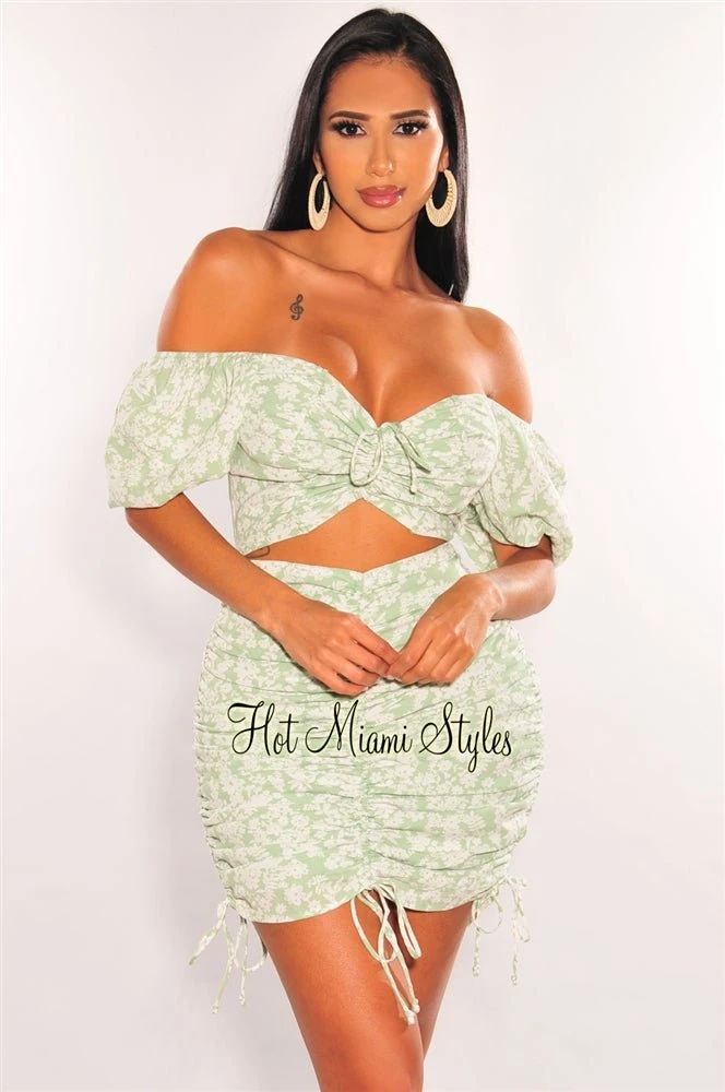 Mint Green Floral Print Off Shoulder Cut Out Ruched Dress 1 Mint Green Floral Print Off Shoulder Cut Out Ruched Dress