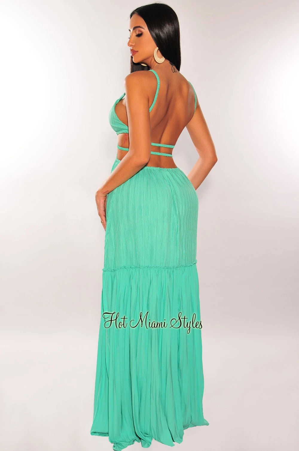 Mint Green V Neck Strappy Cut Out Maxi Dress 2 Mint Green V Neck Strappy Cut Out Maxi Dress - Image 2