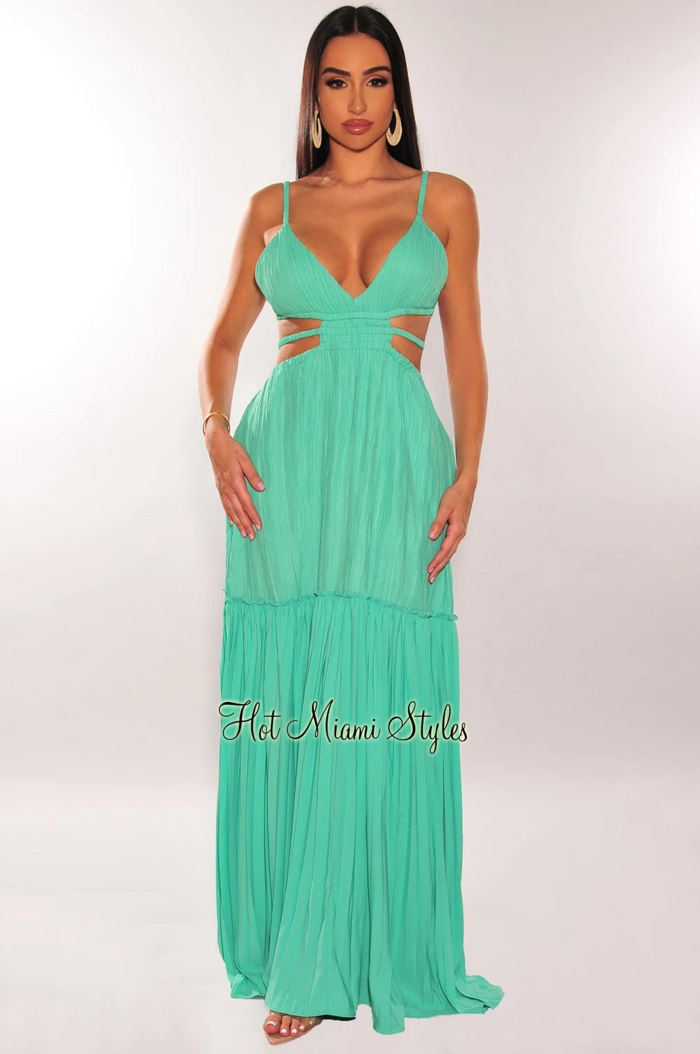 Mint Green V Neck Strappy Cut Out Maxi Dress 1 Mint Green V Neck Strappy Cut Out Maxi Dress