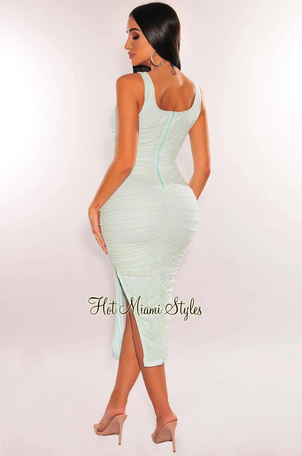 Mint Mesh Square Neck Sleeveless Ruched Slit Dress 2 Mint Mesh Square Neck Sleeveless Ruched Slit Dress - Image 2