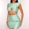 Mint Padded Shoulders Drawstring Ruched Cut Out Dress