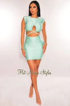 Mint Padded Shoulders Drawstring Ruched Cut Out Dress -Miamis Style Shop mint padded shoulders drawstring ruched cut out dress hot miami styles 634627