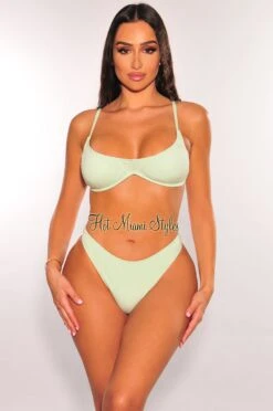 Mint Ribbed Padded Spaghetti Straps Underwire Bikini