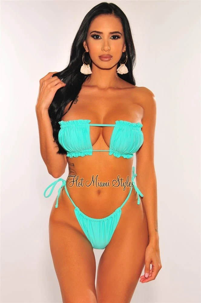 Mint Ruched Bust Frill Padded Bandeau Bikini 1 Mint Ruched Bust Frill Padded Bandeau Bikini