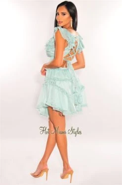 Mint V Neck Ruffle Cut Out Lace Up Back Dress -Miamis Style Shop mint v neck ruffle cut out lace up back dress hot miami styles 356033