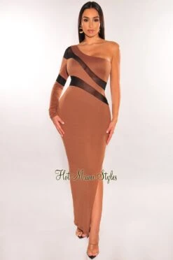 Mocha Black Mesh One Sleeve Slit Midi Dress