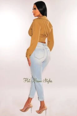 Mocha Collared Long Sleeves Knotted Crop Top -Miamis Style Shop mocha collared long sleeves knotted crop top hot miami styles 354949