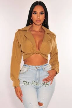 Mocha Collared Long Sleeves Knotted Crop Top