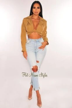 Mocha Collared Long Sleeves Knotted Crop Top -Miamis Style Shop mocha collared long sleeves knotted crop top hot miami styles 872752