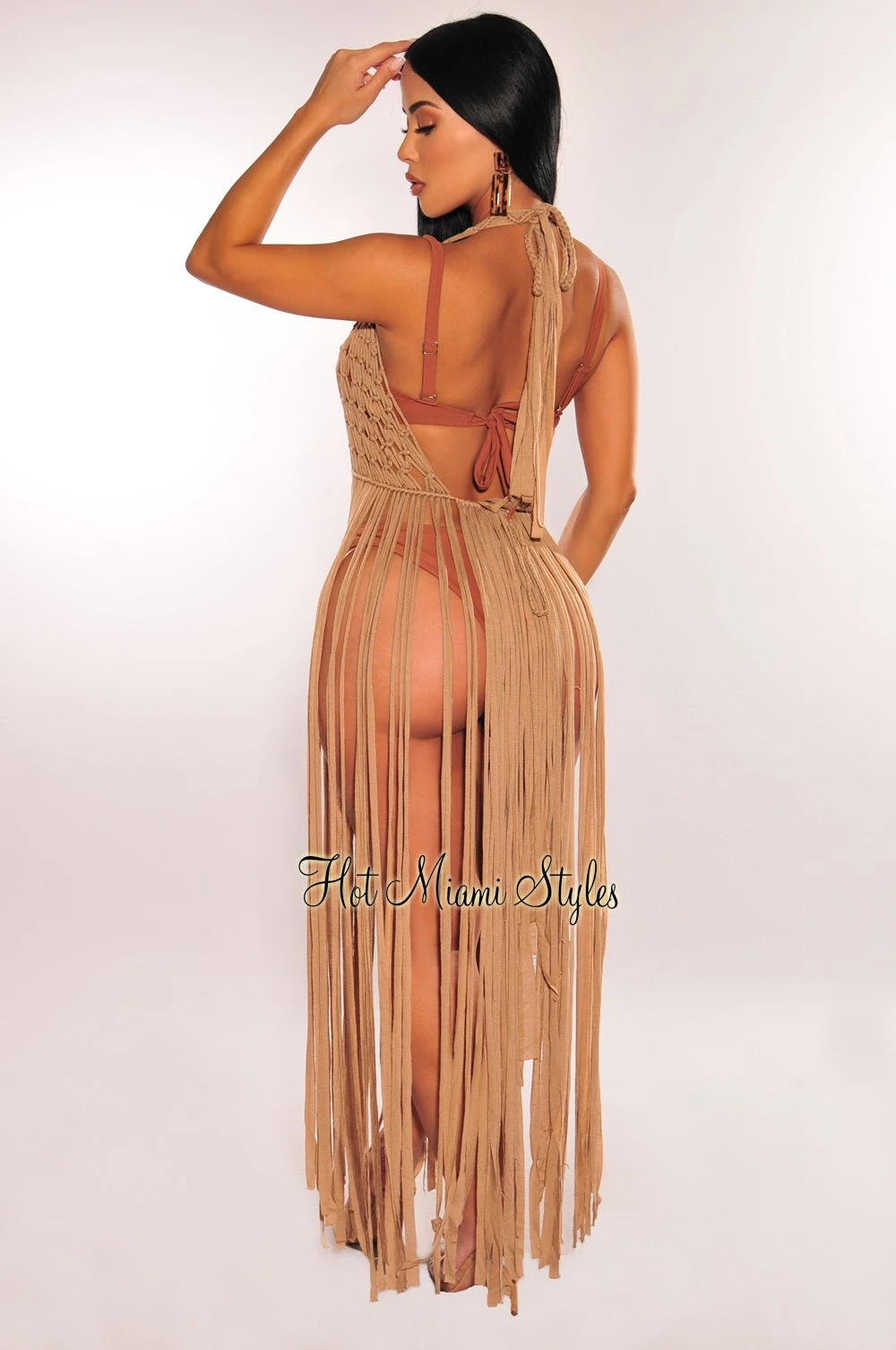 Mocha Crochet Halter Fringe Cover Up Dress 2 Mocha Crochet Halter Fringe Cover Up Dress - Image 2