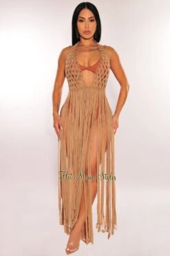 Mocha Crochet Halter Fringe Cover Up Dress