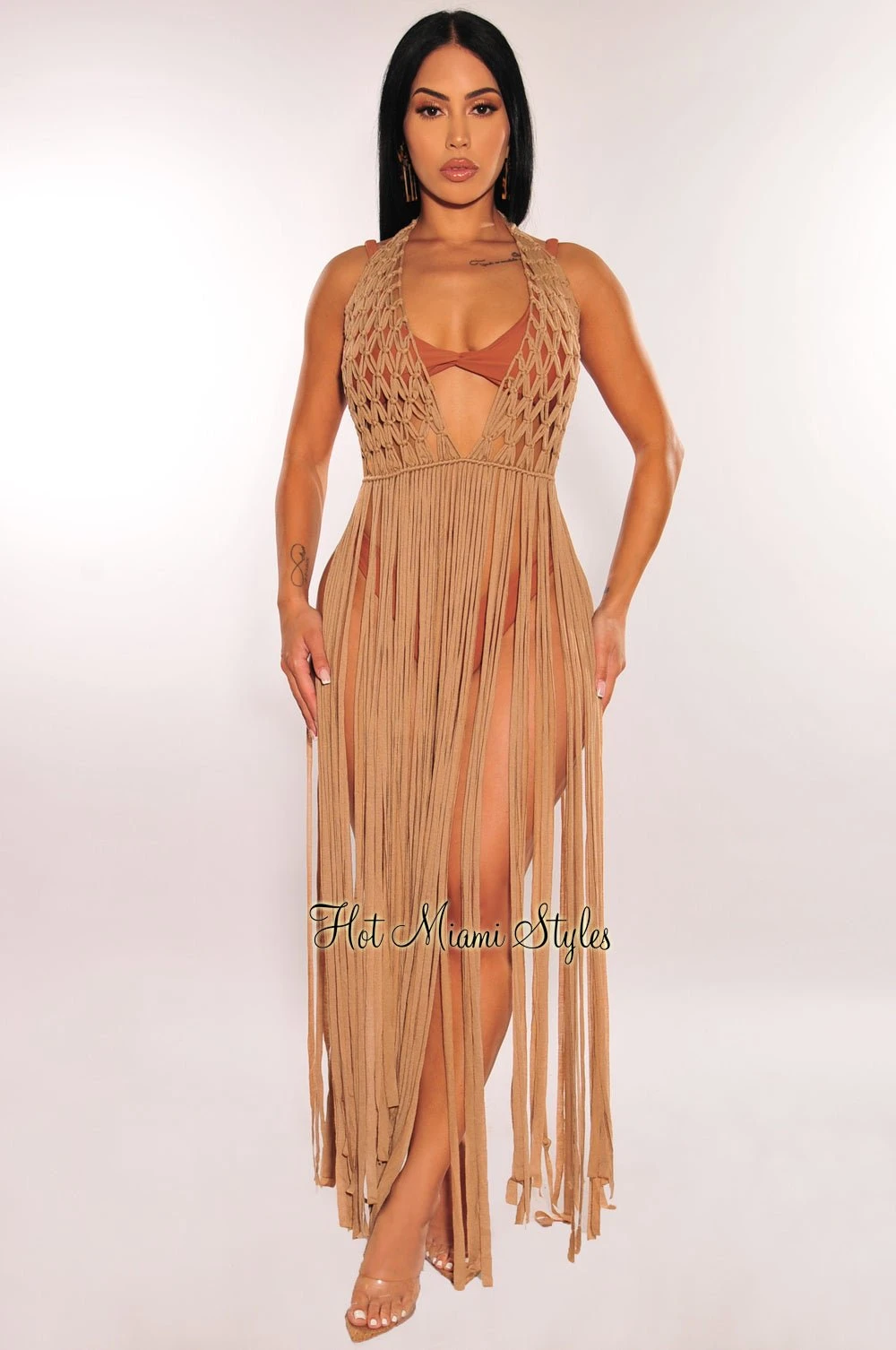 Mocha Crochet Halter Fringe Cover Up Dress 1 Mocha Crochet Halter Fringe Cover Up Dress