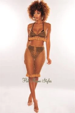 Mocha Crochet Halter Fringe Hem Skirt Two Piece Set Cover Up -Miamis Style Shop mocha crochet halter fringe hem skirt two piece set cover up hot miami styles 249667