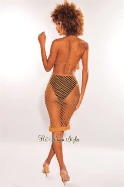 Mocha Crochet Halter Fringe Hem Skirt Two Piece Set Cover Up -Miamis Style Shop mocha crochet halter fringe hem skirt two piece set cover up hot miami styles 579168