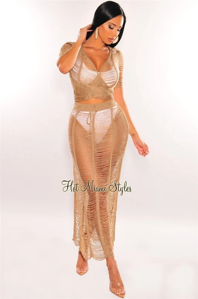 Mocha Crochet Knit Sheer Skirt Two Piece Set Cover Up 1 Mocha Crochet Knit Sheer Skirt Two Piece Set Cover Up