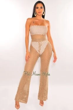 Mocha Crochet Strapless Lace Up Belted Palazzo Cover Up Jumpsuit -Miamis Style Shop mocha crochet strapless lace up belted palazzo cover up jumpsuit hot miami styles 494966